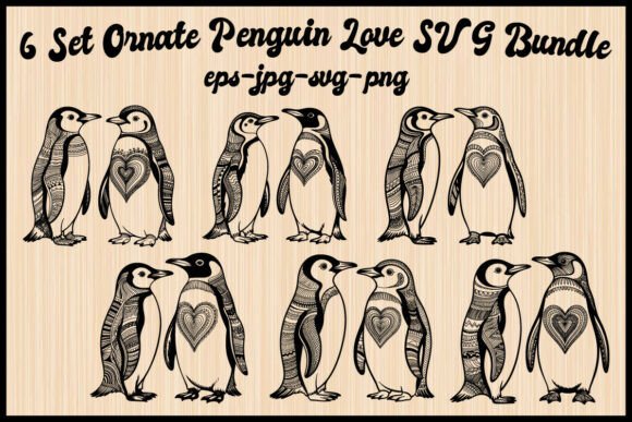 6 Set Ornate Penguin Love SVG Bundle for Graphics and Illustrations