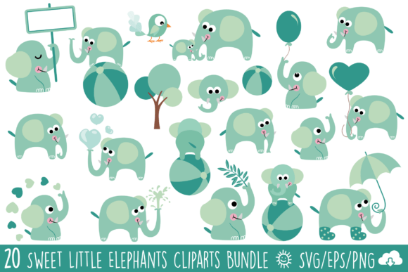 Cute Mint Green Elephant Clipart Bundle for Graphics and Illustrations
