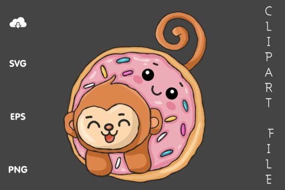 Cute Monkey in Pink Donut SVG Clipart for Crafting
