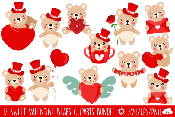 Cute Valentine Teddy Bears Vector Bundle for Graphics and Illustrations