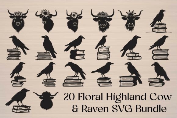 Floral Highland Cow Raven SVG Bundle for Crafts and Graphics