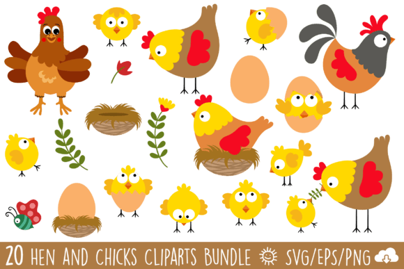 Hen and Chicks Vector Clipart Bundle for Crafting