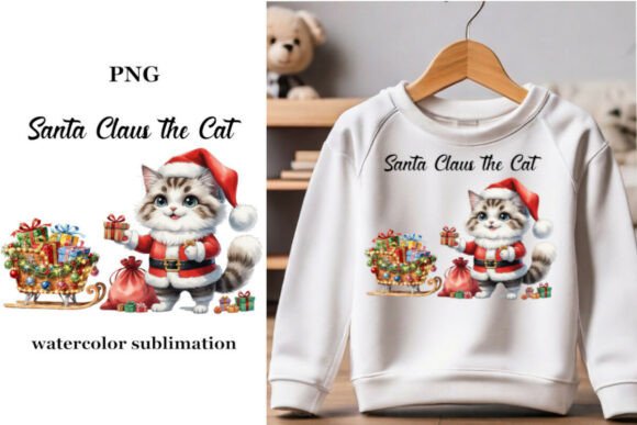 Santa Claus Cat Watercolor Sublimation Graphics